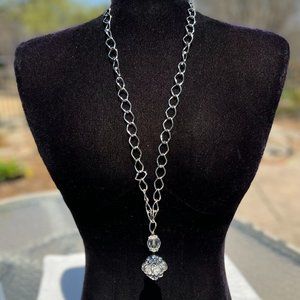 Long Necklace Crystal Jeweled Layering Bright Silver Tone Artisan Handmade NWT